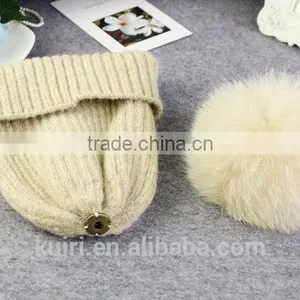 High Quality 15cm Fox Fur Real Sheep Wool Knit Beanie Hat With Fox Fur Ball thumbnail-1