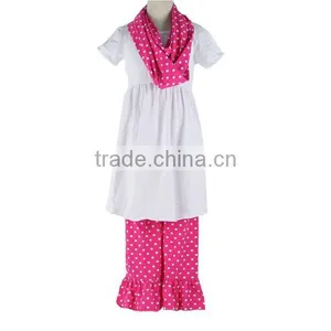 2017 New Arrival Unique 3 Pieces Solid Dress and Ruffle Dot Pants With Scarf Boutique Outfit thumbnail-1