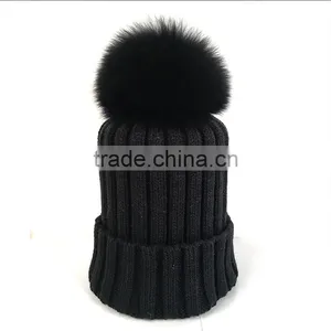 Myfur Hot Sale Black Winter Crochet Beanie Hat With Removable Fox Fur Bobble thumbnail-1