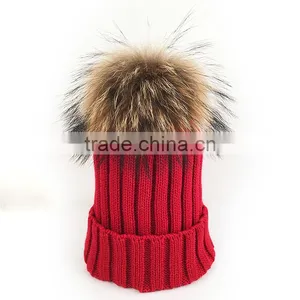 Myfur Wholesale Red Color Real Raccoon Fur Pompom Knit Hat Detachable Fur Pom Pom Crochet Hat thumbnail-3
