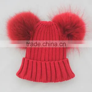 Myfur Wholesale New Designed Knitted Beanie With Fur Pom Pom for Kid and Baby thumbnail-2