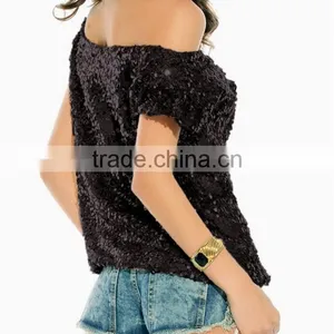 Women's Sexy Oblique Shoulder Bat Sleeve Sequin T-shirt Women's Shirt thumbnail-4