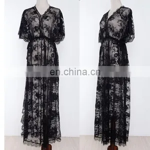 Maxi Long Sleeves Beach Lace See Through Cardigan Cover Up Dress thumbnail-4