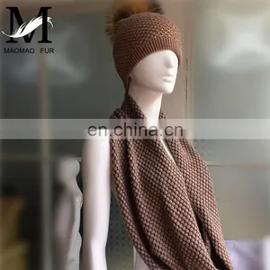 Wool Flat Knitting Beanie Pompom Hat Fashionable Lady Scarves One Piece Hat and Scarf thumbnail-6