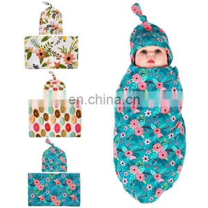 Newborn Infant Baby Cotton Floral Swaddle Blanket Hat With Receiving Blankets Set thumbnail-1