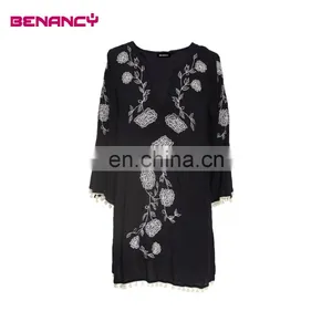Long Flare Sleeve Contrast Embroidery Ladies Tunic Blouse With Ponpon thumbnail-2