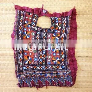 Indian Banjara Mirror Work Beaded Neck Yock Patches- Vintage Mirror Work Dress Piece Patches thumbnail-1