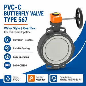 PVC-C Wafer Butterfly Valve Type 567 With Gear Box For Chemical And Industrial Pipeline thumbnail-1