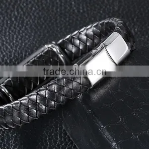 Latest Design Wide Braided Leather Bracelet Men Black Genuine Leather Bangle 316L Stainless Steel Magnetic Clasp thumbnail-4