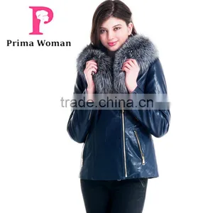 2015 New Design Women Leather Winter Jacket With Short Silver Fox Hat Overcoat thumbnail-4