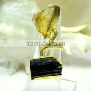 Citrine & Tourmaline Rough Natural Gemstone Ring, 925 Solid Sterling Silver Ring, Designer Vermeil Bezel Ring thumbnail-2
