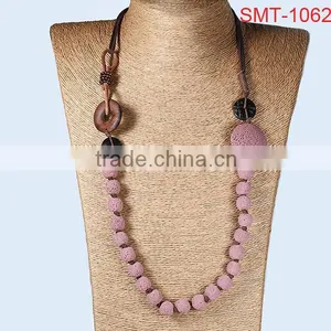 Girl's Pink Big Round Natural Lava Rock Beads Sweater Necklace thumbnail-1