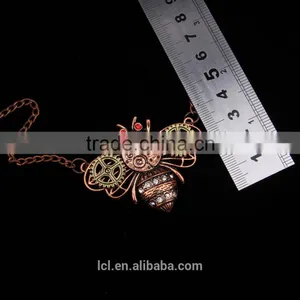 2015 Yiwu Fashion Jewelry Hot Sale Steampunk Bee Gear Pendant With Crystal Statement Necklace Red Copper thumbnail-5
