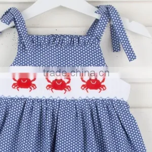 Baby Boutique Cotton Blue Sleeveless Smocked Girl Dresses Summer Frock Design for Kids Clothing thumbnail-2