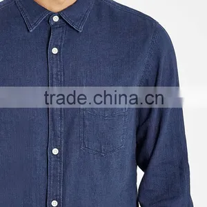 Navy Blue Oxford Long Sleeve Shirt With Chest Pocket thumbnail-2