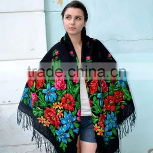 Vintage Ukrainian Shawl,Russian Shawl, Wool Shawl, Tablecloth, Floral Shawl ,Scarf With Tassels, Floral Scarf, Babushka thumbnail-1