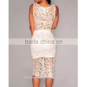 Ladys Sexy Floral Sheer Sleeveless Lace Crop Top and Midi Skirt Set Women Party Dress thumbnail-3