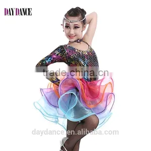 Girls Salsa Latin Performance Dresses Child Unequal Dance Dress Kids Fluorescent Rainbow Colored Ballroom Dresses thumbnail-1