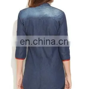 ONSALE NEW FASHION EUROPEAN STYLE COLLAR NECK SHIRT TRENDY HOT WOMENS' DENIM SHIRT BLOUSE TUNIC DRESS SUMMER TOPS FOR LADIES thumbnail-3