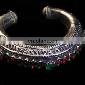 Vintage Turkmen Carved Cuff Bracelet-Afghani Silver Bracelets - Afghan Turkmen Silver Jewelry-Turquoise Kuchi Cuff Bracelets thumbnail-1