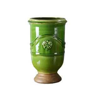 Retro European Countryside Hand Made Blue Green Ceramic Floor Vase For Balcony Garden Decor thumbnail-5