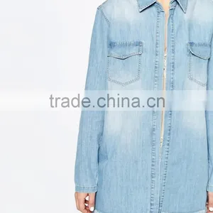 2016 Autumn Long Sleeve Oversized Frayed Denim Shirt thumbnail-3