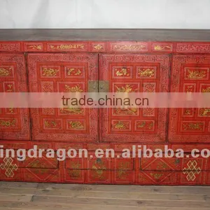 Chinese Antique Furniture Red& Golden Painting Three Drawer Four Foor Cabinet thumbnail-1