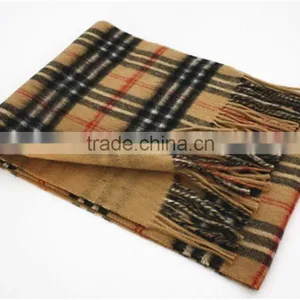Camel Yarn Dyed Checked Double Faced Plain Wool Scarf With Fringe thumbnail-3