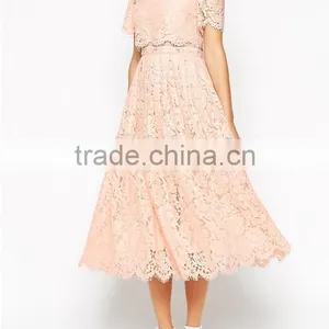 China Guangzhou Clothing OEM Scalloped Edges Round Neckline Crop Top Mesh Insert Midi Women Dress thumbnail-1