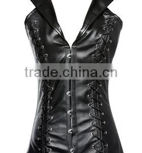 Fashionable Lapel Lace-Up Faux Leather Solid Color Women's Corset thumbnail-2
