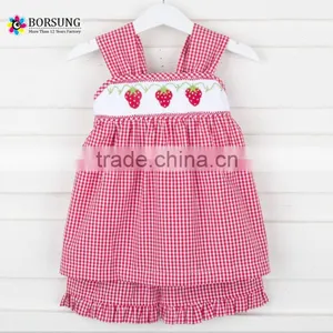 Summer Hot Sale Baby Clothes Set Red Plaid Smocked Dress With Shorts Kids Clothing thumbnail-1