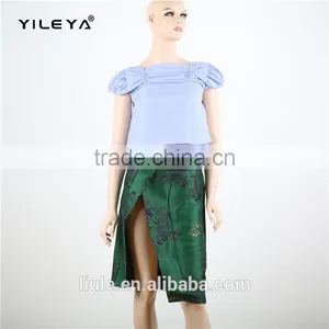 Short Sleeve Blue Women Fashion Cutting Blouse With Side Zipper thumbnail-1
