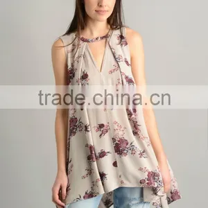 Custom Womens Floral Sleeveless Long Style Swing Tops,Fashion Cotton Printed Sleeveless Blouses For Women thumbnail-2