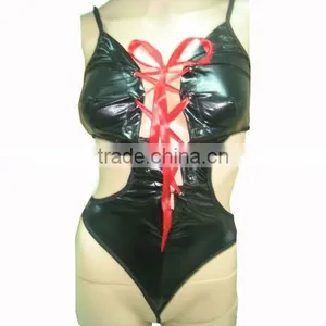 Art Design Lingerie Seamless Long Sleeveless Open Crotch With Red Ribbon Black PU Lady Women Leather Sexy Bodystocking thumbnail-1