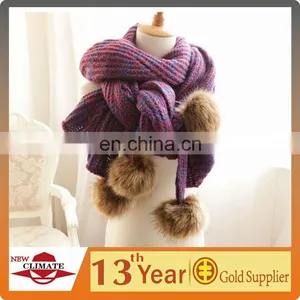 Acrylic Winter Knitted Scarf With Fur Pompons thumbnail-1