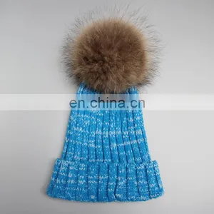 New Product Colorful Knit Hats Wholesale Fancy Raccoon Fur Ball Women Floppy Hat thumbnail-5