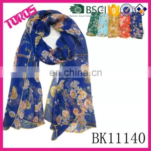 2015 Fashion Spring Summer Wholesale Women Nice Print Chiffon Shawl Blue Georgette Scarves thumbnail-1