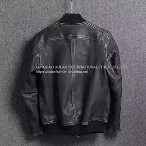 HOT SALE 2021 NEW FASHION MEN'S WASHED BASEBALL GENUINE SHEEPSKIN LEATHER JACKET thumbnail-2