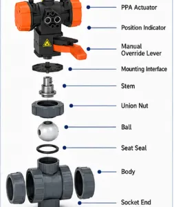 PVC-U Ball Valve Type 546 Pro With PPA Actuator FC Fail Safe Close Manual Override ASTM Socket thumbnail-2