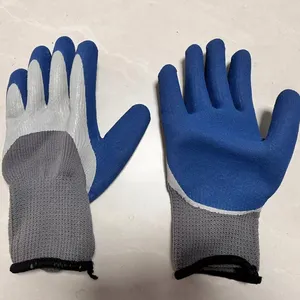 Thicked Grey Polyester 7 Gauge Knitted White Smooth Latex and Blue Foamed Sandy Latex Palm Double Coated Safety Work Gloves thumbnail-1