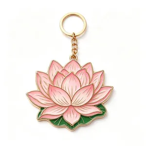 Custom Hard Enamel Lotus Flower Metal Keychain Gold Plated Zinc Alloy Tourist Souvenir Key Ring thumbnail-1