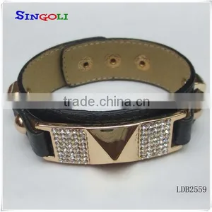 Pyramid Leather Cuff Bracelet With Pave Rhinestone Bracelet thumbnail-1
