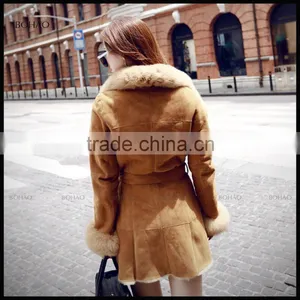 Fashion Imported Ladies Winter Faux Fur Suede Coat With Big Fur Collar Waist Jackets thumbnail-3