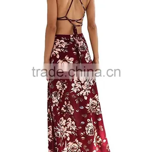 Women's Boho Bandage Crop Top Long Skirt Floral Print Maxi Dress thumbnail-5