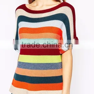 Cheap Price Rainbow Multi-color Colorful Sweater Slim Fit Casual Crew Neck Knit Top In Stripe Half Sleeves For Ladies thumbnail-4
