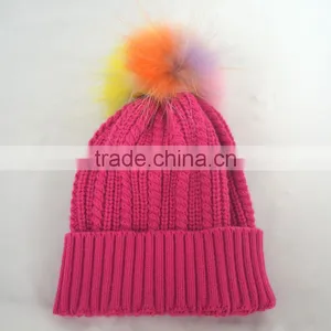 Myfur Rose Color Girls Winter Wool Hat With Removable Raccoon Fur Pom Pom thumbnail-5