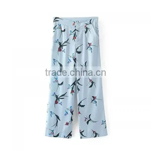 2017 China Wholesale Cotton Women Long Trousers Printed Bird Pattern Light Blue Pants Trousers thumbnail-3