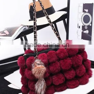 100% Real Rabbit Woman Bucket Handbag Rabbit Fur Ball Ladies Shoulder Bag thumbnail-3