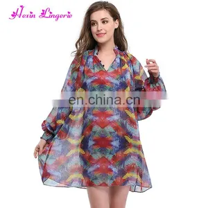 Women Cheap Sexy Printed Red Long Sleeve V-Neck Summer Beach Dress thumbnail-3