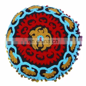Embroidered Suzani Round Pillows Indian Floor Pom Pom Lace Cushion Cover Throw thumbnail-3